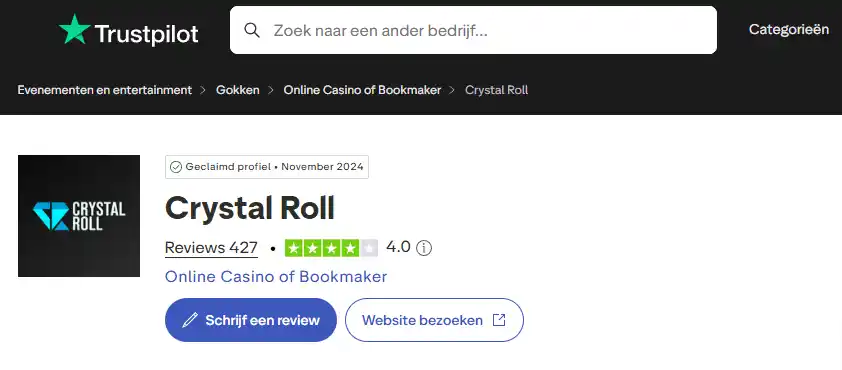 Actuele Crystalroll-reviewpagina op Trustpilot