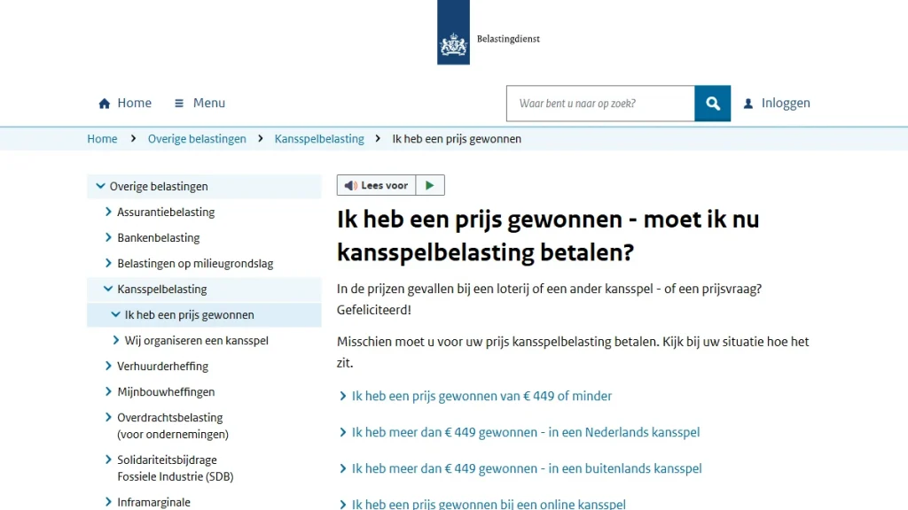 Belastingdienst-pagina over kansspelbelasting bij online kansspelen