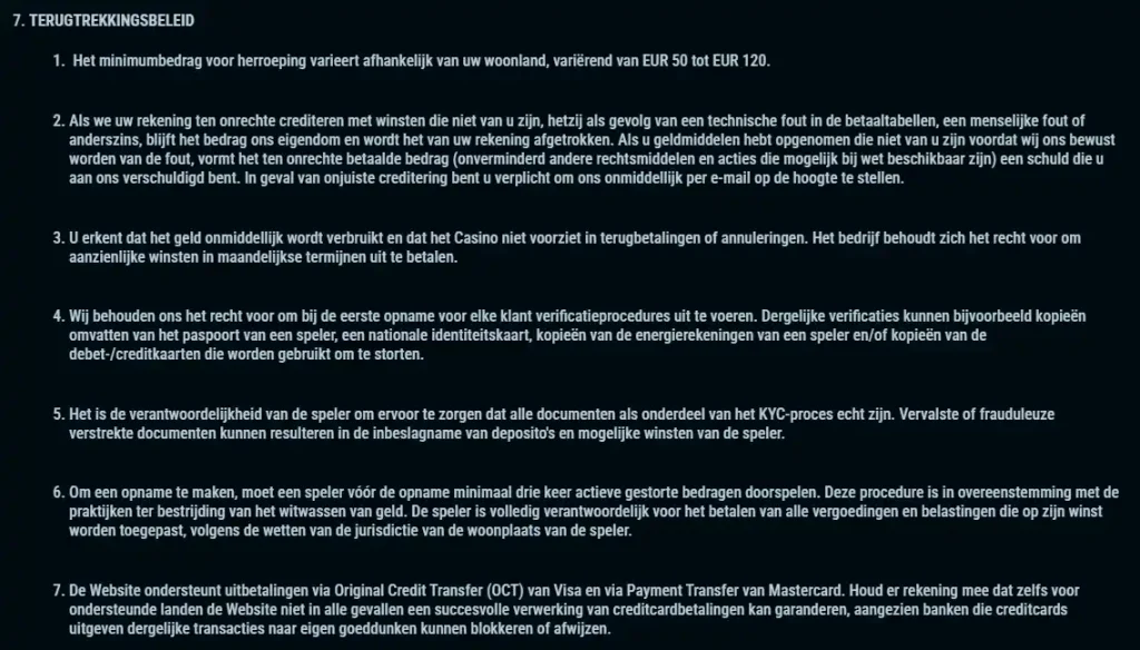 Crystalroll voorwaarden over uitbetalingen