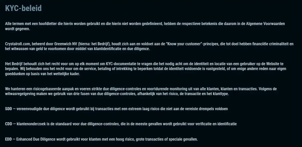 Officiële Crystalroll KYC Policy met documentvereisten